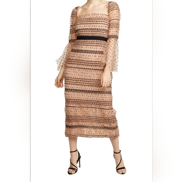 Self-Portrait Dresses & Skirts - Self Portrait Shirred Polka Dot Elegant Midi Dress Beige  Wedding Guest Sz 4